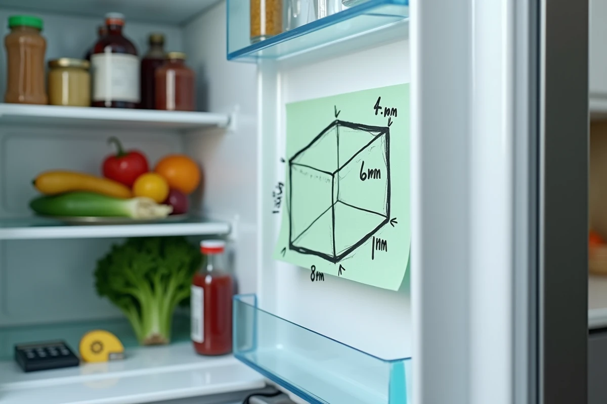 Intérieur organisé d'un réfrigérateur avec un schéma de calcul de volume en litres sur un post-it