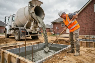 Camion toupie béton en train de couler du béton dans les fondations d'une maison individuelle, avec ouvrier en gilet orange guidant le flux