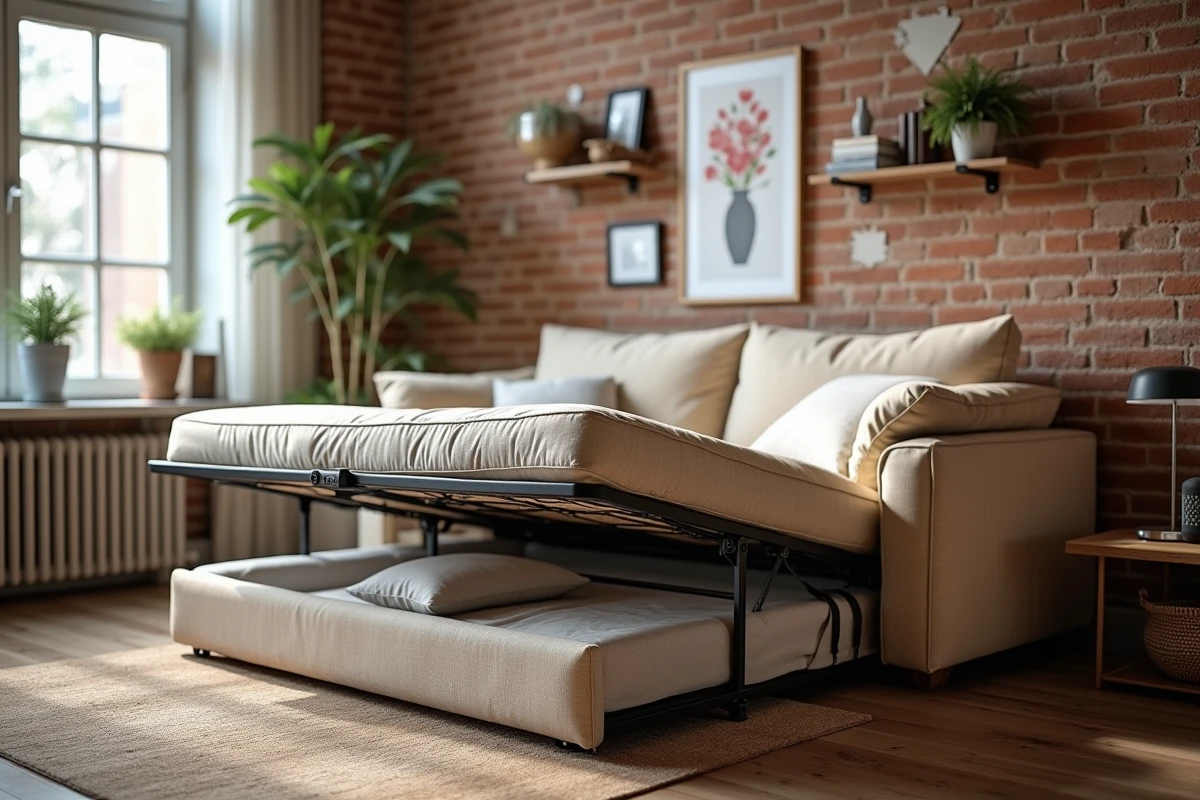 Canapé-lit avec espace de rangement intérieur dans un petit appartement urbain, solution pratique gain de place