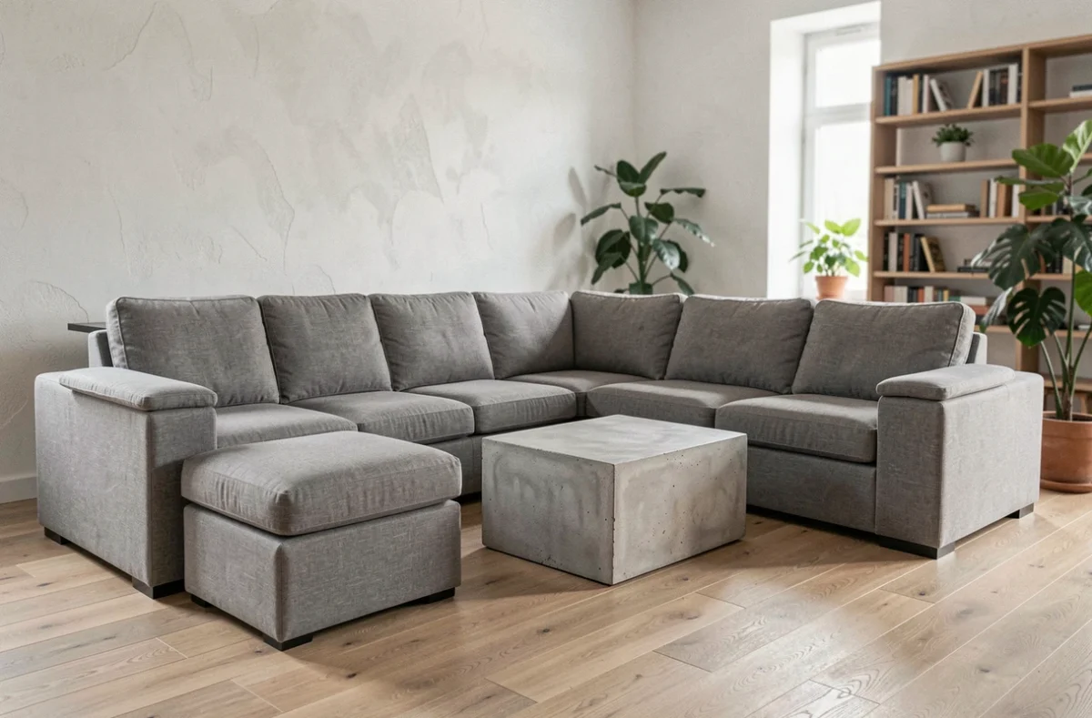 Canapé modulable en tissu gris disposé en L dans un salon scandinave moderne avec plancher en chêne clair