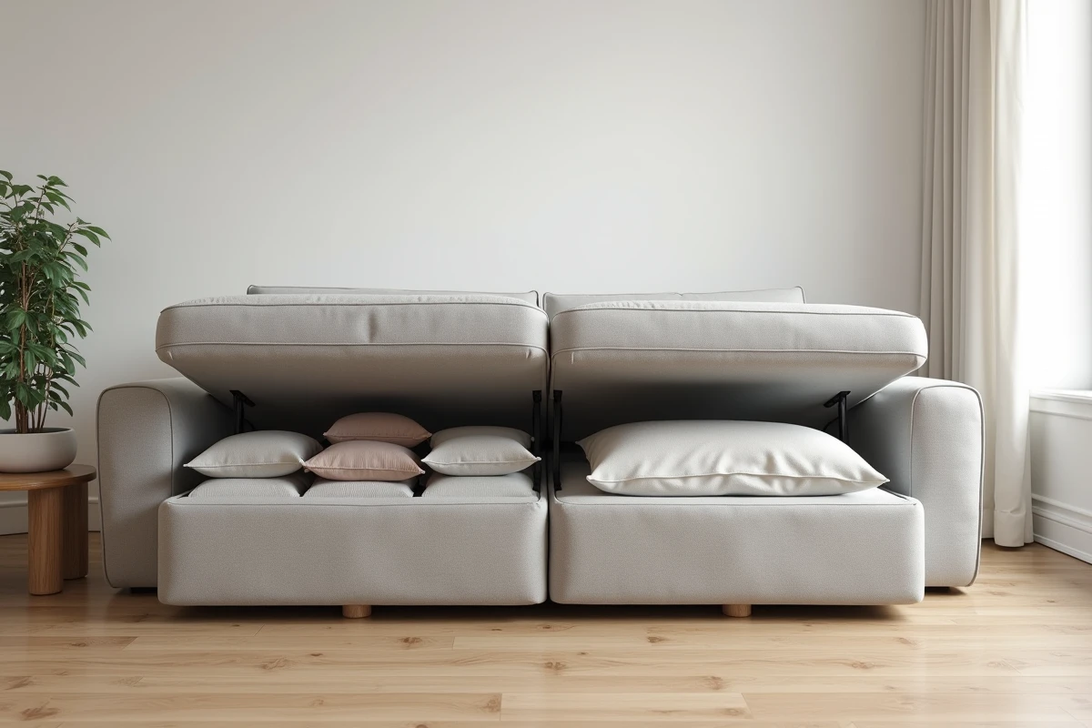 Canapé moderne avec rangement intégré dans les assises, parfait pour optimiser l'espace d'un salon minimaliste