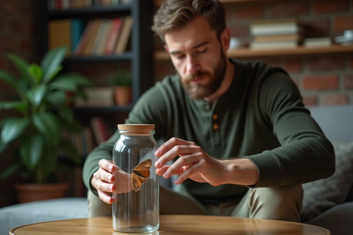 Homme capturant un papillon avec un bocal en verre pour le libérer à l'extérieur