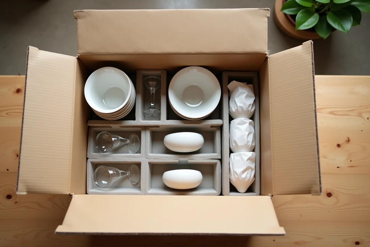 Vue de dessus d'un carton de déménagement organisé par catégories avec bols, verres et soucoupes emballés et séparés par des cloisons en carton