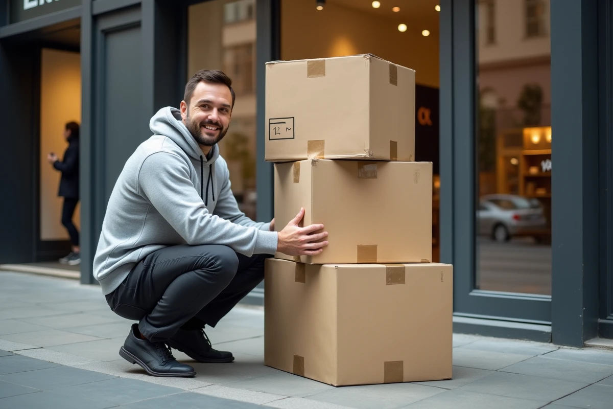 Homme récupérant de grands cartons devant un magasin de meubles en ville