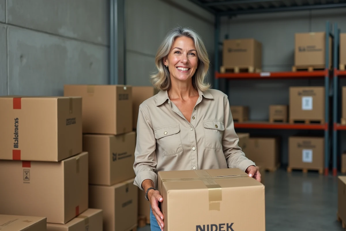 Femme récupérant des grands cartons gratuits dans la réserve d'un supermarché