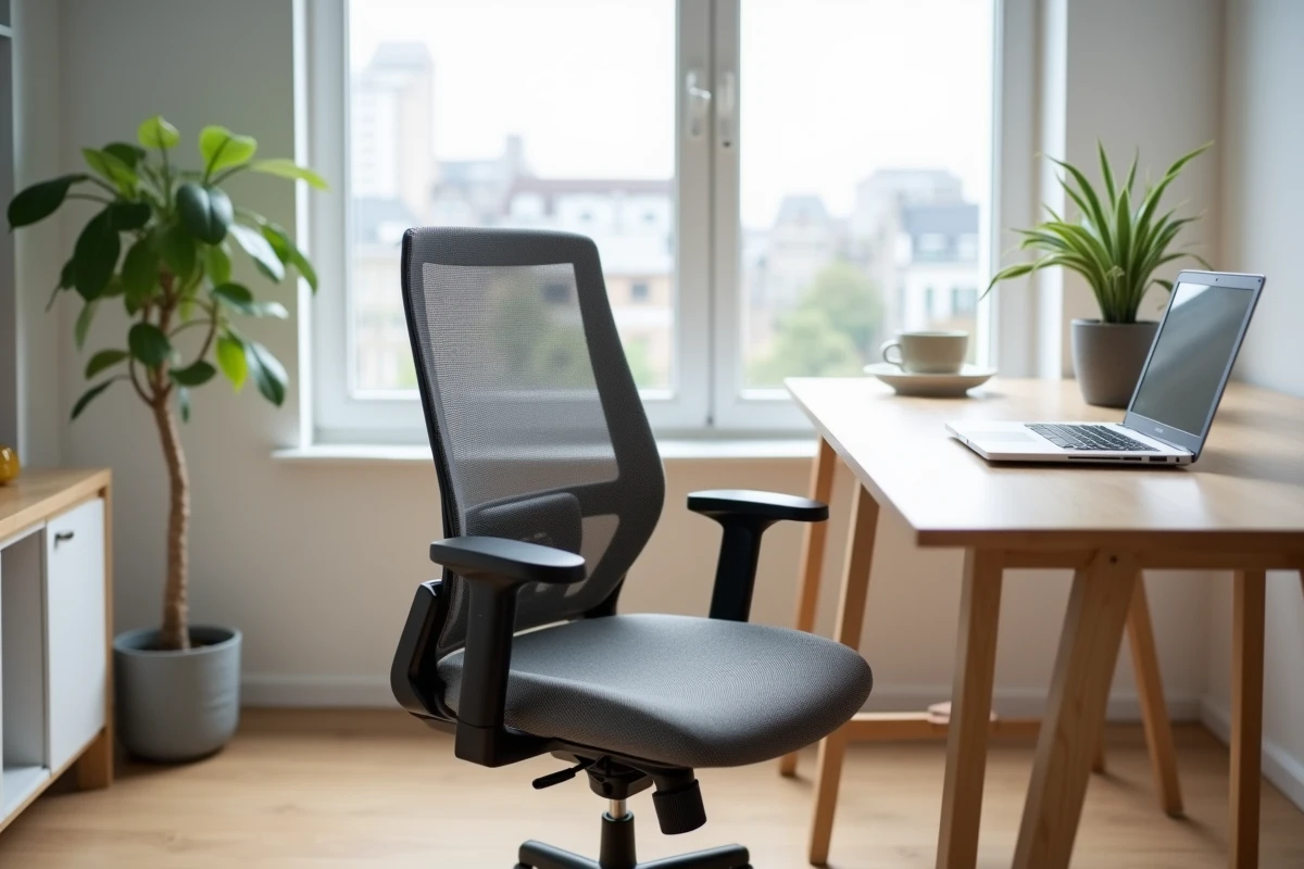 Chaise de bureau ergonomique en tissu mesh gris avec soutien lombaire ajustable dans un espace de travail moderne