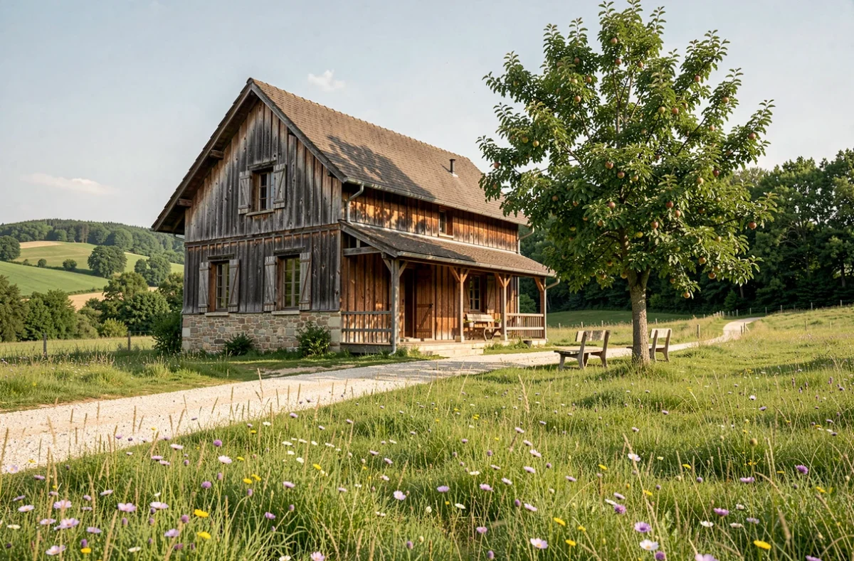 Chalet en bois et pierre au bord d'une prairie fleurie dans le domaine de Bois d'Ormes en Bourgogne
