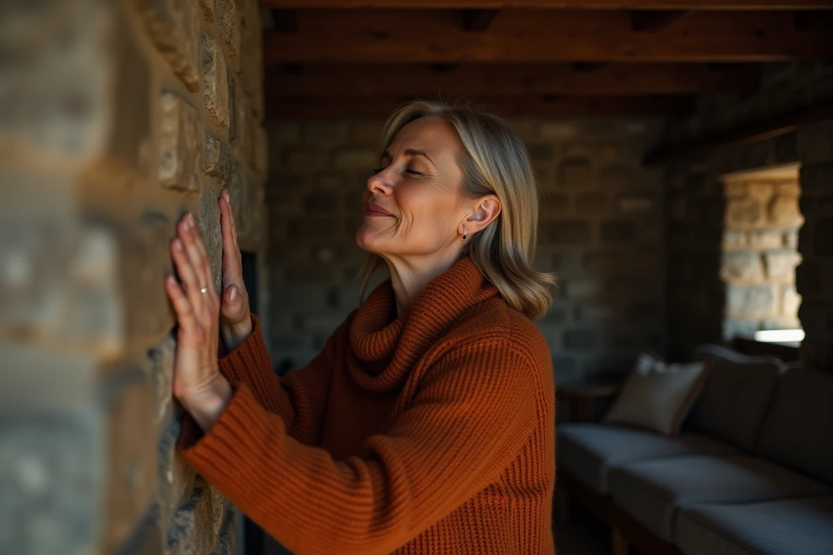Femme ressentant la chaleur emmagasinée dans un mur en pierre, phénomène de chaleur sans flamme ni électricité