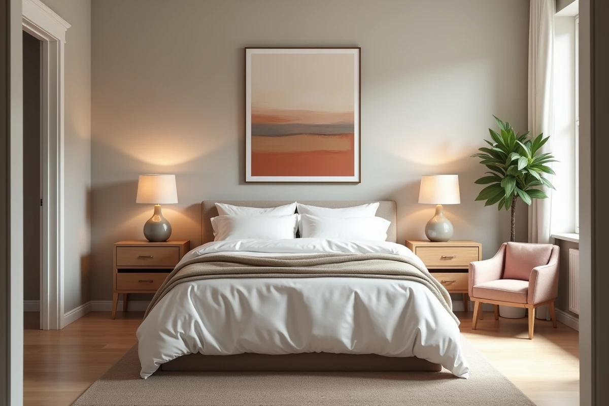 Chambre principale mise en scène pour la vente immobilière avec literie blanche impeccable, décoration symétrique et ambiance chaleureuse en home staging