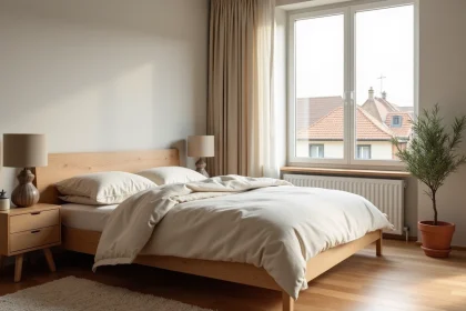 Chambre parentale chaleureuse avec lit en bois, parquet chêne et rideaux en lin, décoration épurée et cosy