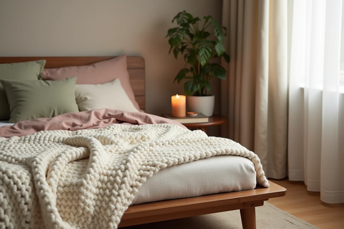 Coin chambre apaisant avec tête de lit en noyer naturel, linge de lit en coton texturé et plante verte pour une ambiance zen et reposante