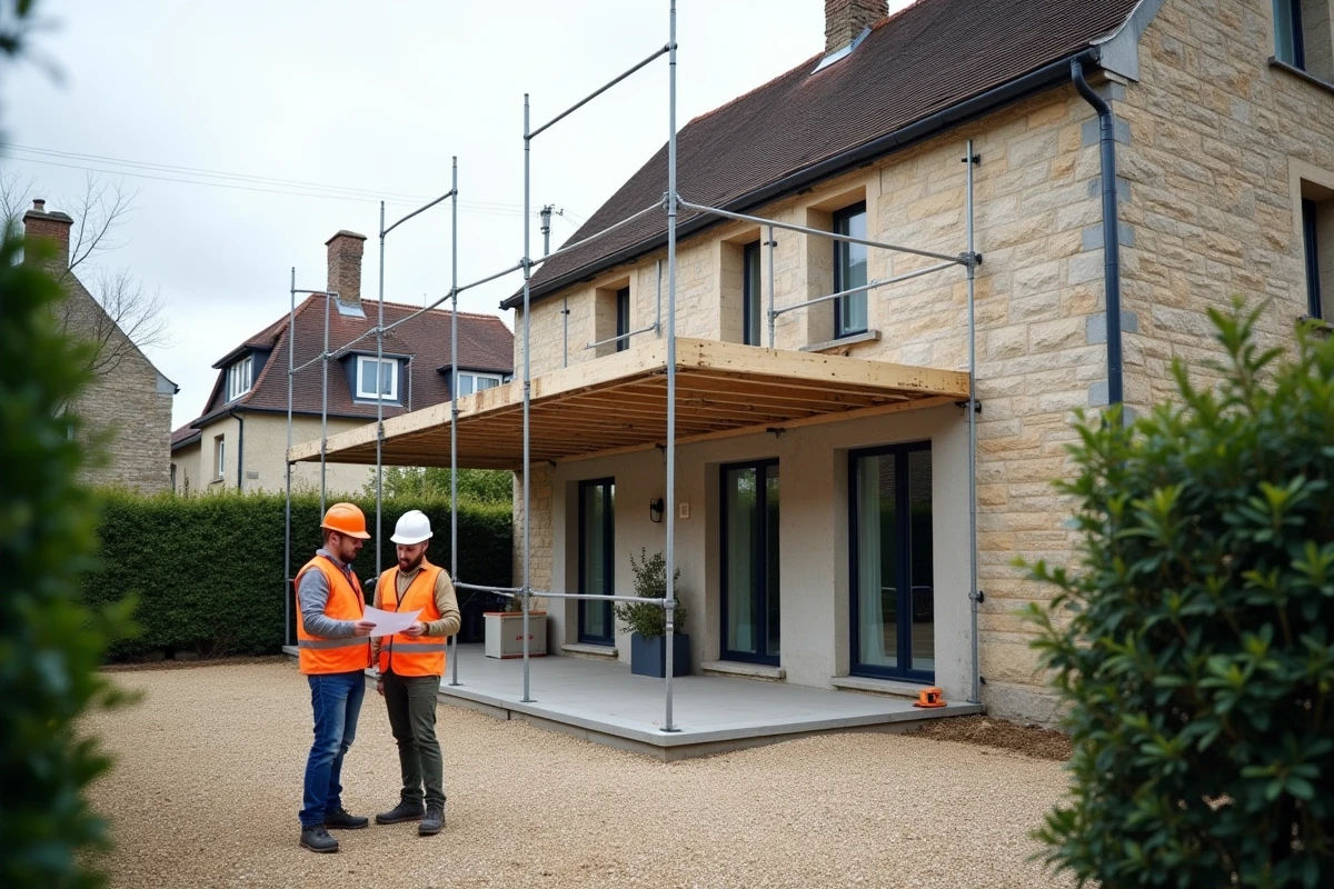 Chantier d'extension de maison en cours avec ouvriers et scaffolding sur maison en pierre