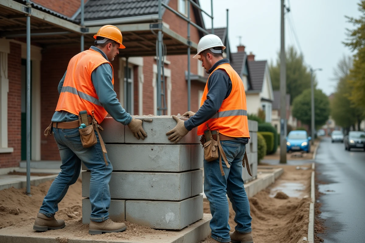 Chantier de surélévation de maison avec ouvriers et grue positionnant des blocs de béton sur une fondation rehaussée