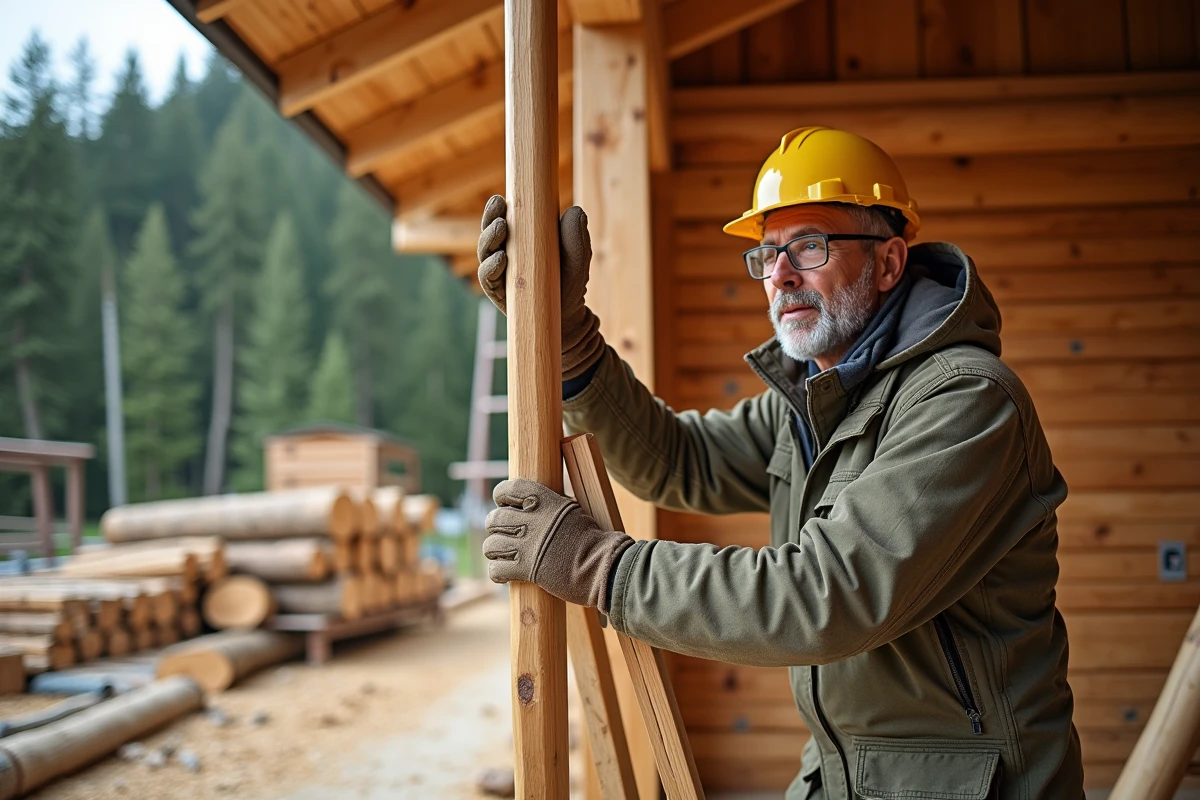 Charpentier professionnel assemblant une poutre en bois lors du montage d'un chalet en forêt alpine