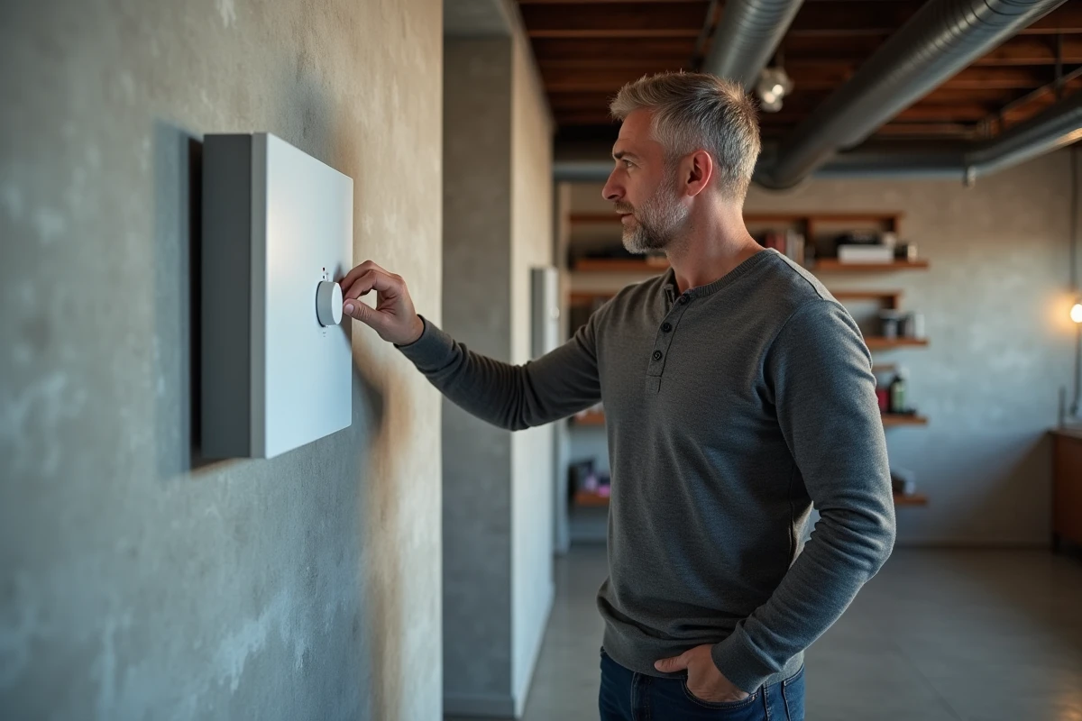Homme examinant un radiateur électrique mural dans un sous-sol moderne avec murs en béton et isolation visible