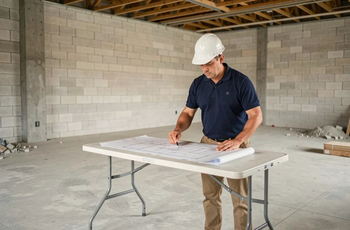 Chef de chantier consultant des plans sur une dalle béton intérieure lors de l'estimation du budget travaux