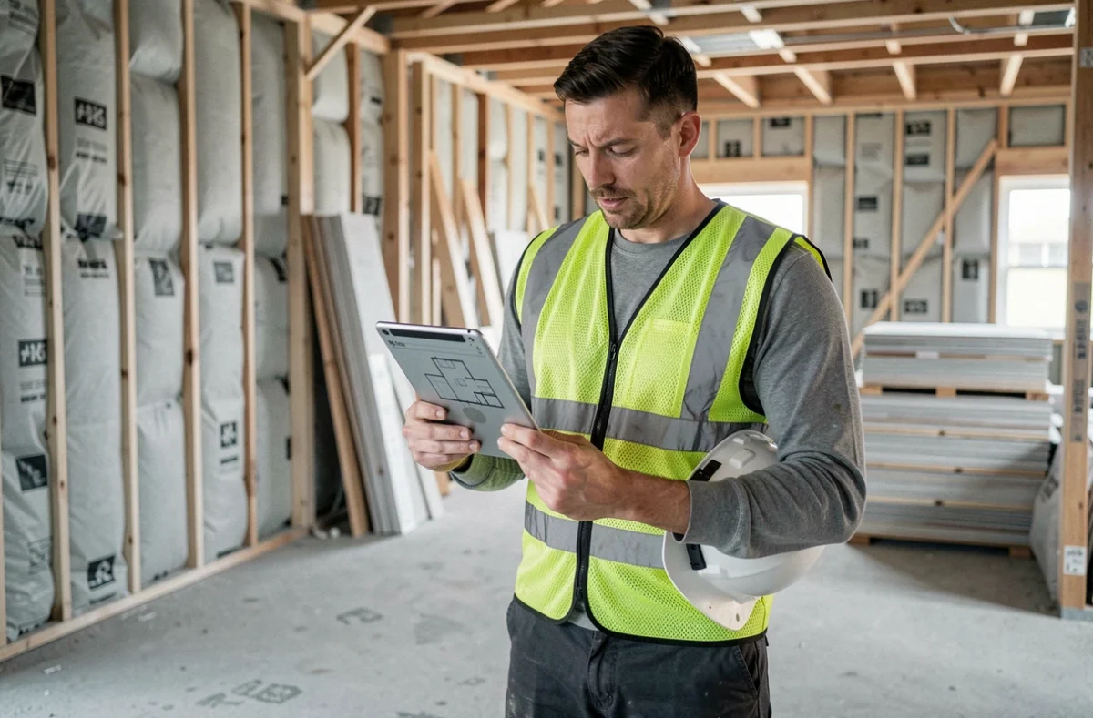 Chef de projet en gilet de sécurité consultant un plan numérique sur tablette dans une maison en construction