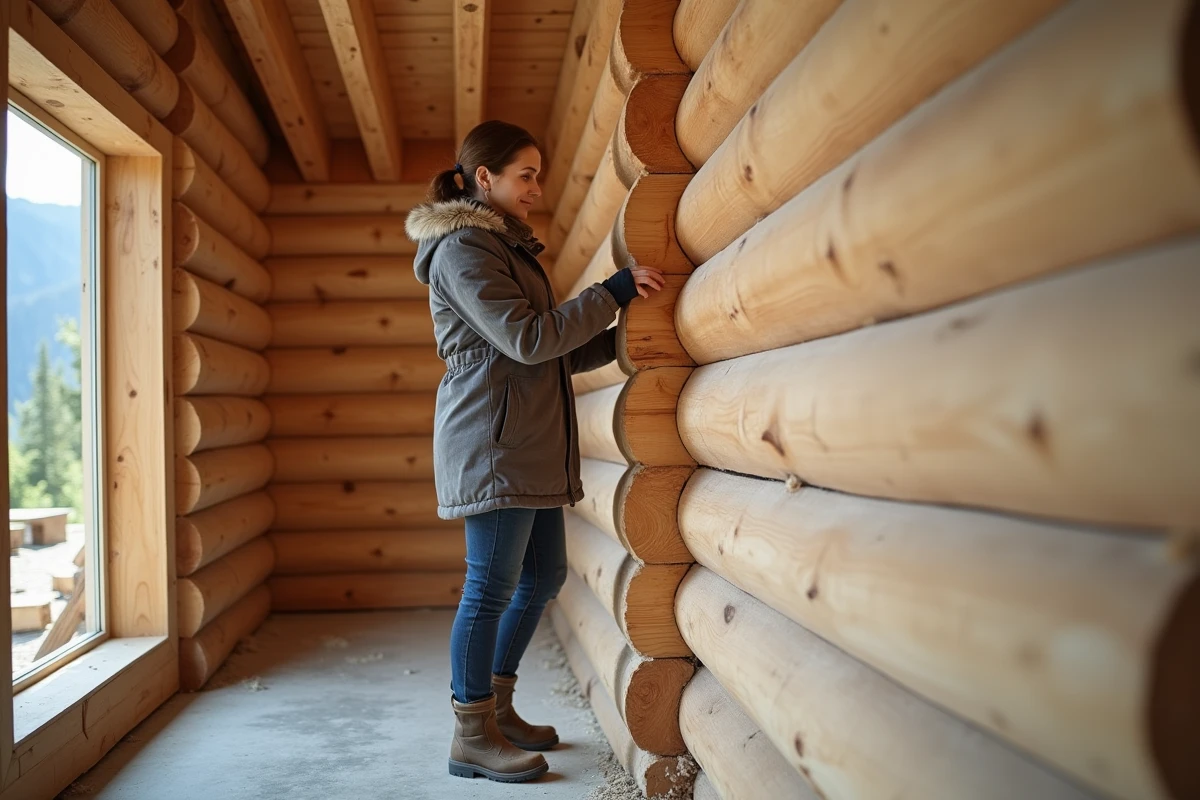 Chef de projet inspectant la qualité des assemblages de rondins dans l'intérieur d'un chalet en construction