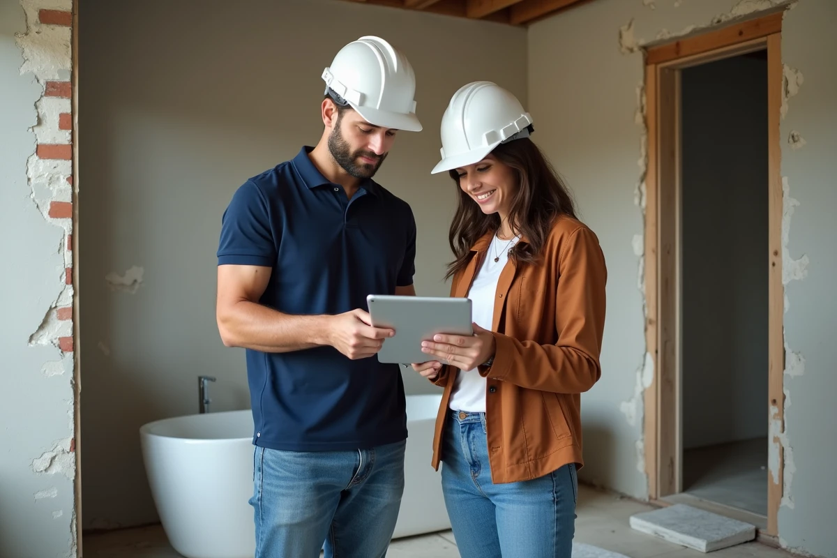 Chef de projet et propriétaire discutant de l'avancement des travaux de rénovation d'une salle de bain sur tablette numérique