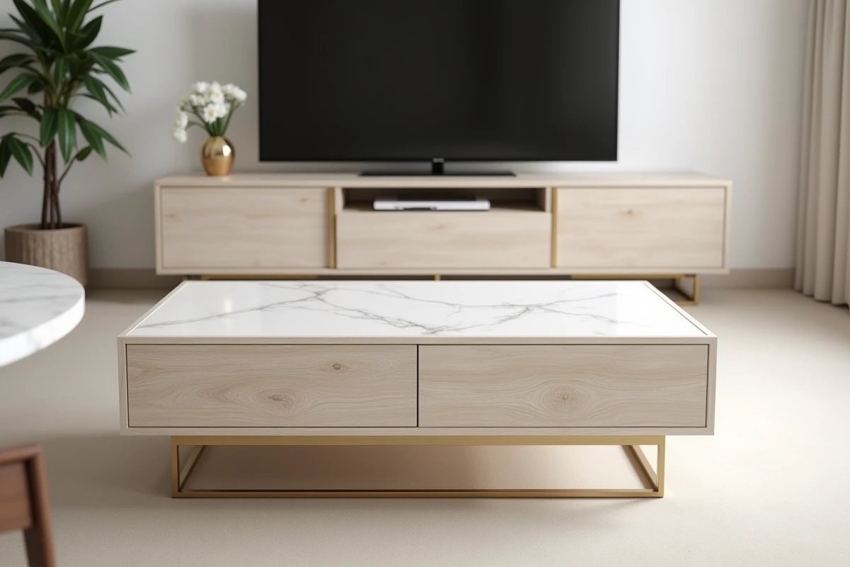 Table basse chêne blanchi et métal doré assortie à un meuble TV dans un espace hybride salon et salle à manger