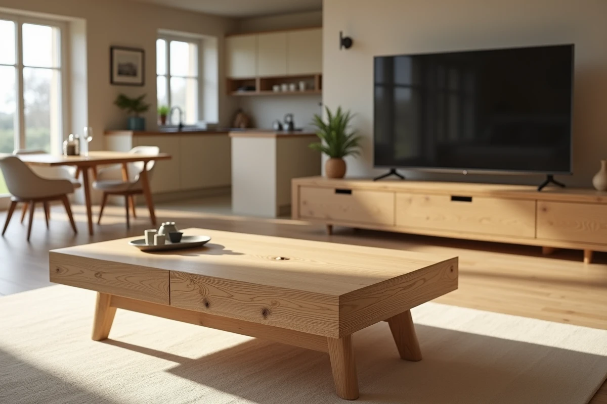 Table basse et meuble TV en chêne massif huilé dans un salon ouvert sur cuisine au style scandinave