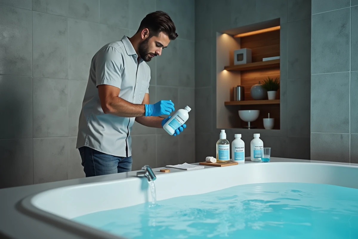 Homme lisant les instructions d'un flacon de chlore liquide avant de traiter un spa intérieur moderne