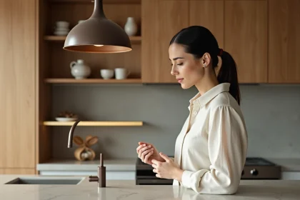 Femme choisissant un luminaire suspension au-dessus d'un îlot de cuisine moderne en marbre