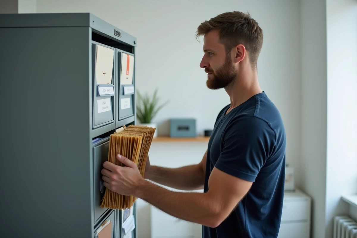 Homme classant des dossiers étiquetés dans un meuble à tiroirs métallique dans un appartement au style scandinave