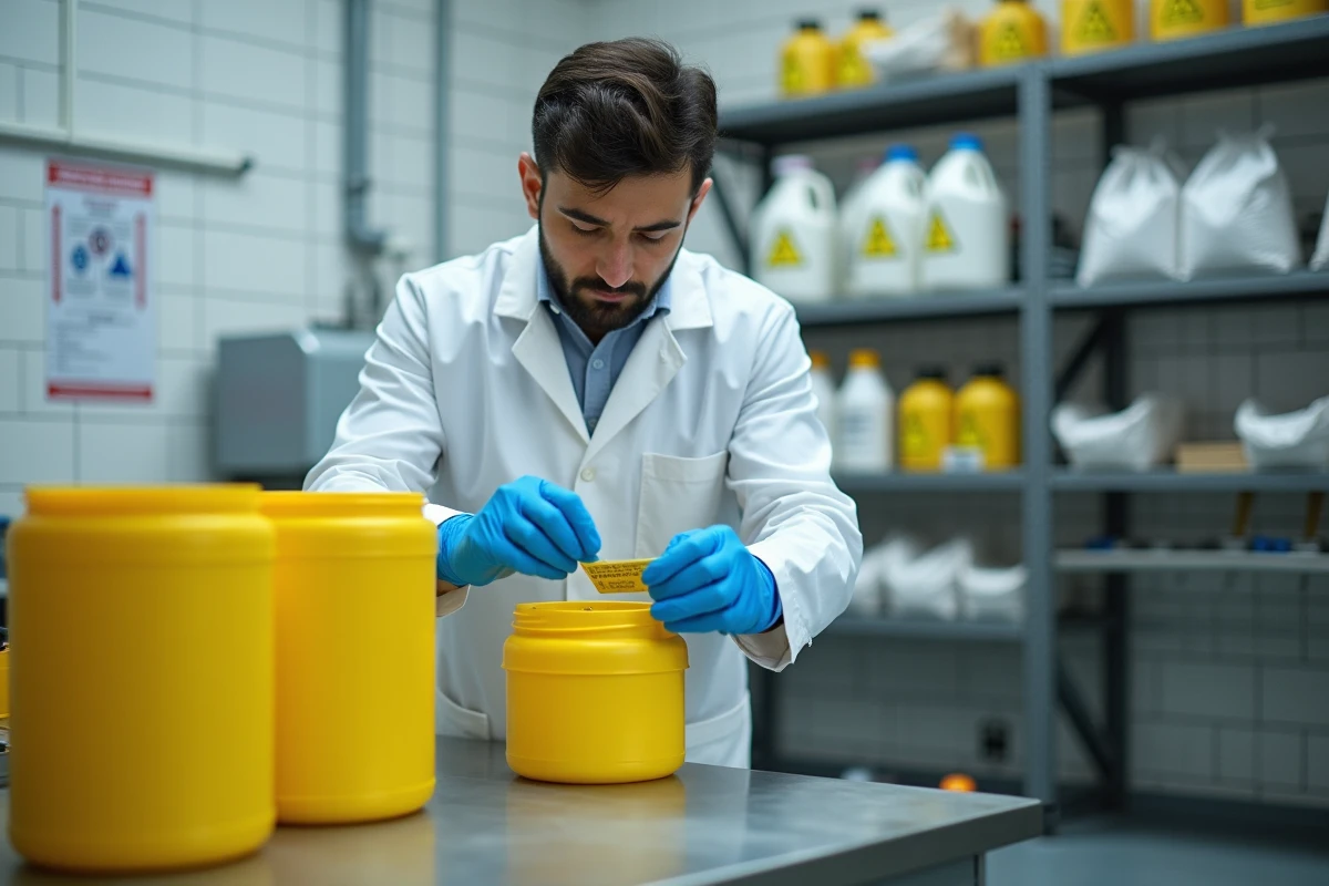 Technicienne en laboratoire classifiant des déchets dangereux dans des conteneurs réglementaires jaunes selon les normes de gestion des déchets spéciaux