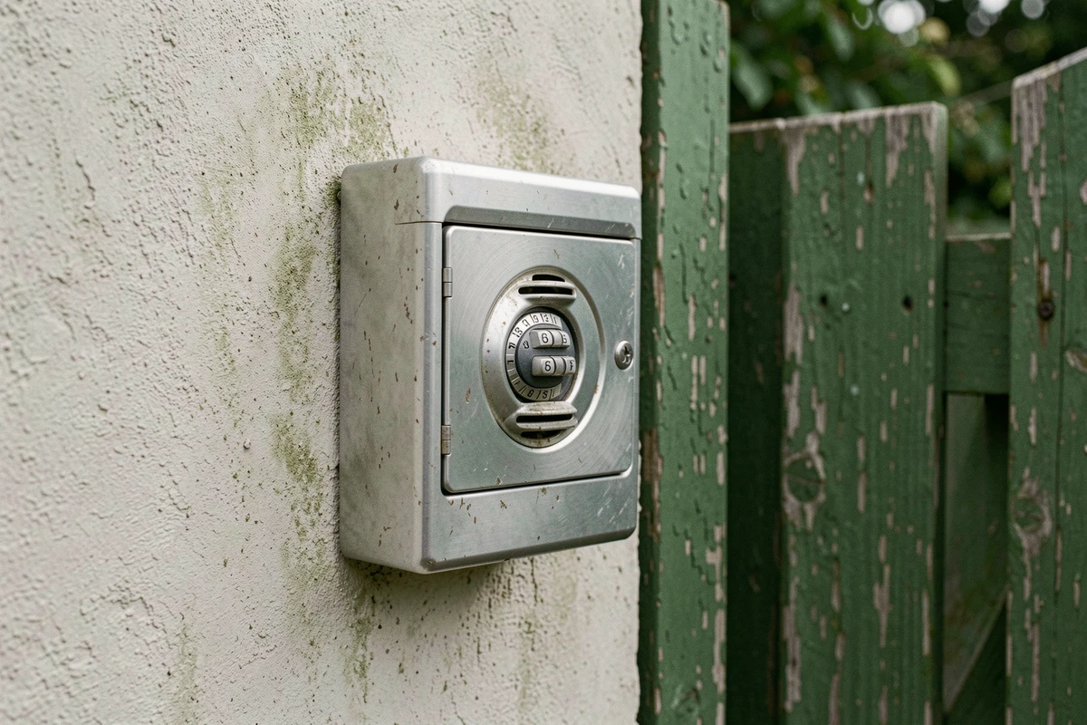 Coffre à clés extérieur en zinc et aluminium avec cadran à code fixé sur mur enduit près d'un portail de jardin