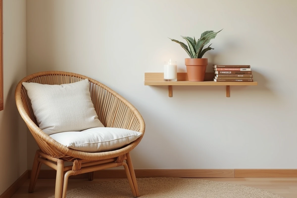 Coin salon réaménagé avec un fauteuil en rotin, coussin bouclé et étagère murale décorative pour un relooking économique