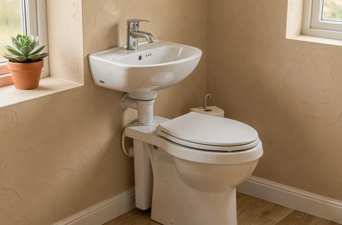 Combiné WC lave-main en céramique blanche avec robinet chromé dans une salle de bain familiale rénovée