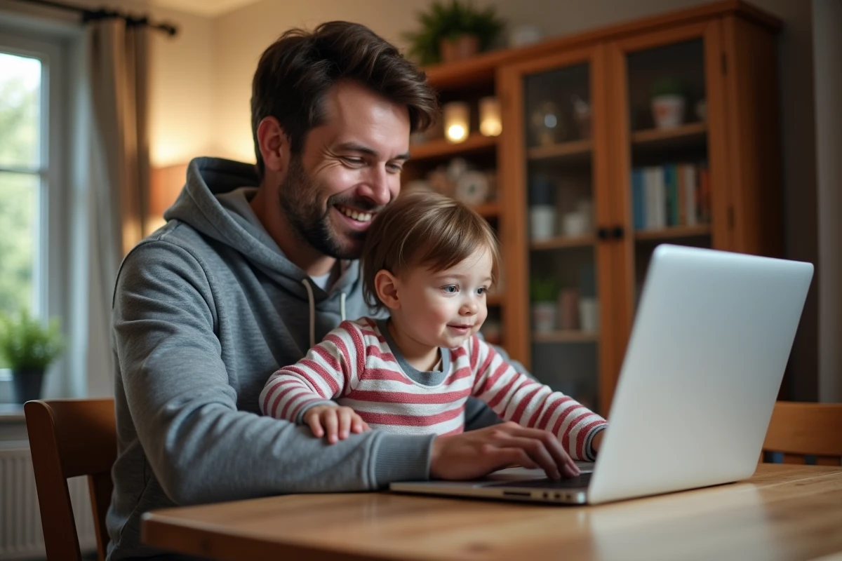 Père de famille commandant ses courses en ligne sur le site Carrefour avec son enfant sur les genoux