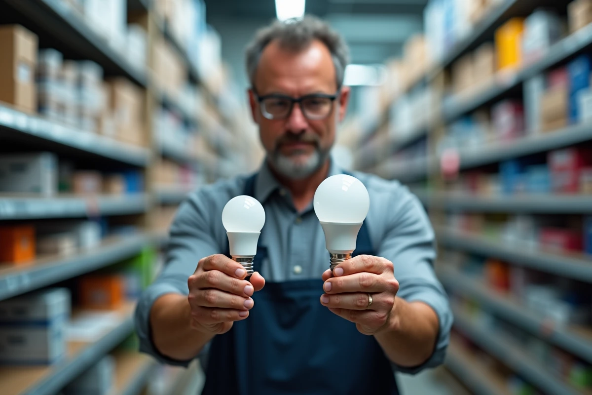 Électricien comparant une ampoule LED de type A et une ampoule LED de type B dans un magasin de matériel électrique