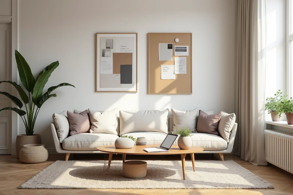 Salon décoré montrant la comparaison entre l'approche d'un décorateur traditionnel avec des échantillons et une application numérique de décoration intérieure sur tablette