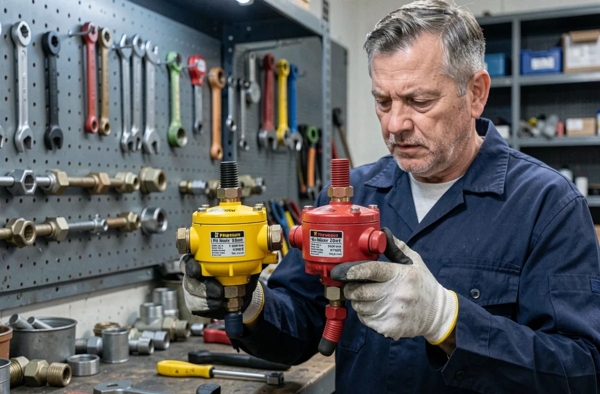 Plombier comparant un détendeur butane jaune et un détendeur propane rouge dans un atelier de bricolage