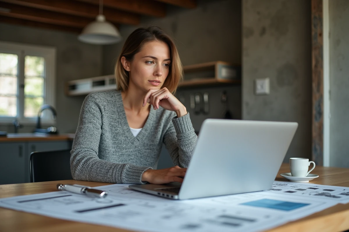 Femme comparant des devis de rénovation sur ordinateur portable avec des plans et échantillons de matériaux sur une table