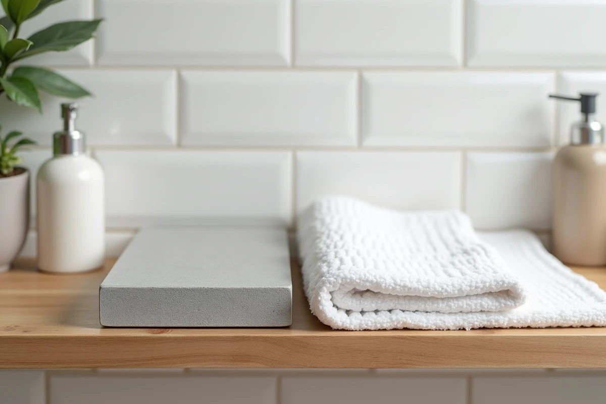 Comparaison côte à côte d'un tapis en diatomite et d'un tapis en coton blanc posés sur une étagère en bois dans une salle de bain carrelée