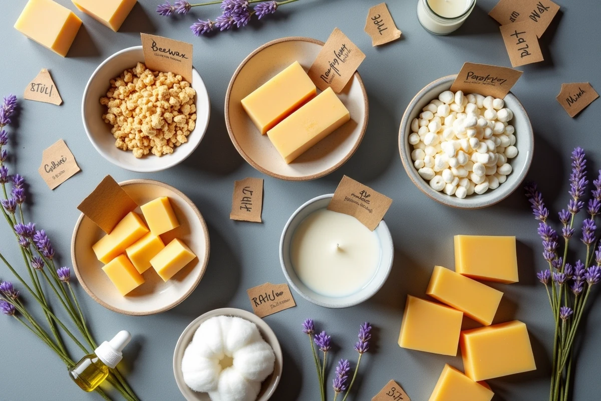 Comparaison de différents types de cire pour bougies : cire de soja, cire d'abeille, cire de noix de coco et paraffine