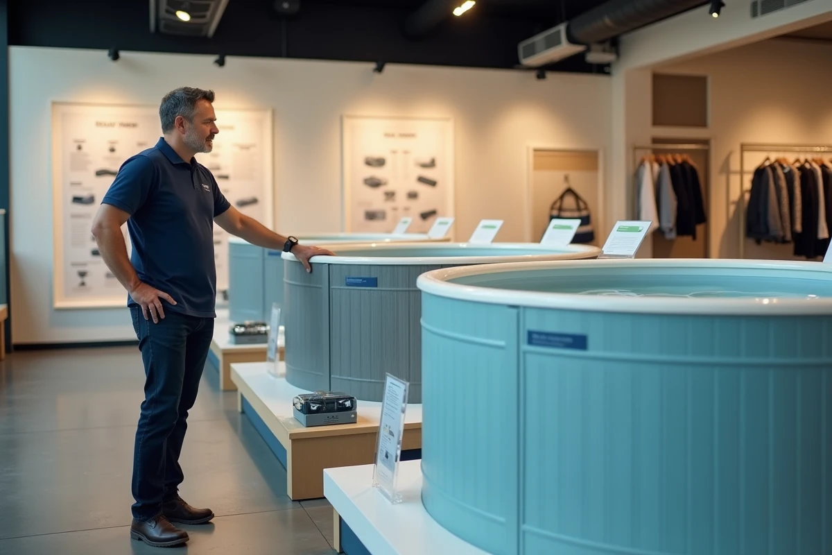 Homme comparant des modèles de piscines à faible entretien dans un showroom spécialisé