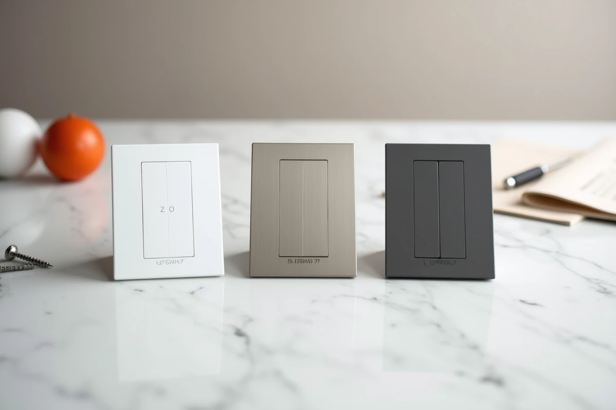 Comparatif de trois modèles de va-et-vient interrupteur Legrand en différentes finitions sur une surface en marbre blanc