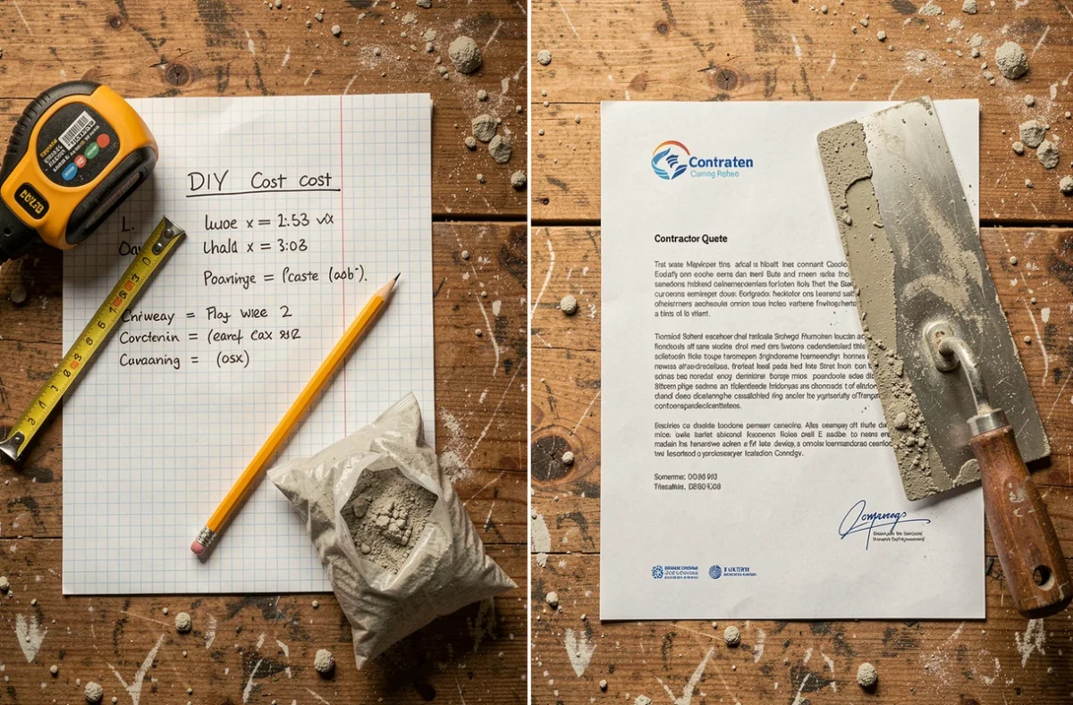 Comparaison des coûts entre une dalle béton réalisée soi-même et un devis d'artisan professionnel posés sur un établi de chantier