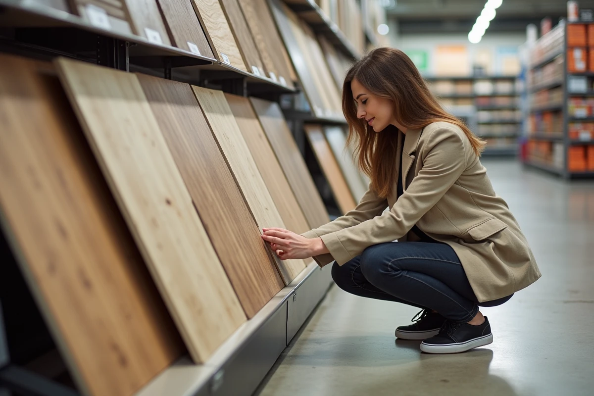 Femme comparant des échantillons de revêtements sol imitation bois en magasin de bricolage