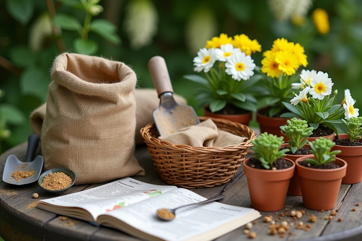 Composition de jardin avec engrais biologique, truelle et primevères en fleurs sur une table en bois