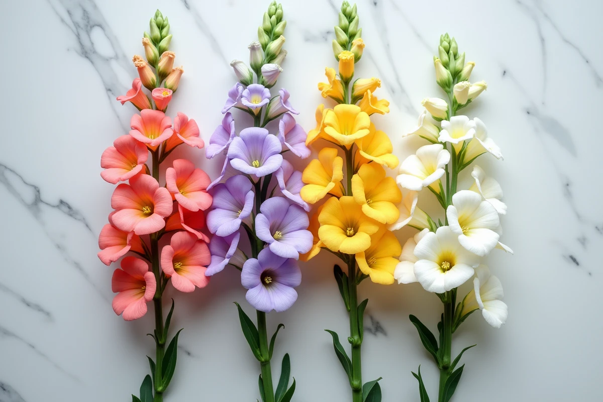 Composition à plat de tiges de mufliers multicolores aux fleurs en forme de gueule de chat sur un tissu de lin gris et marbre