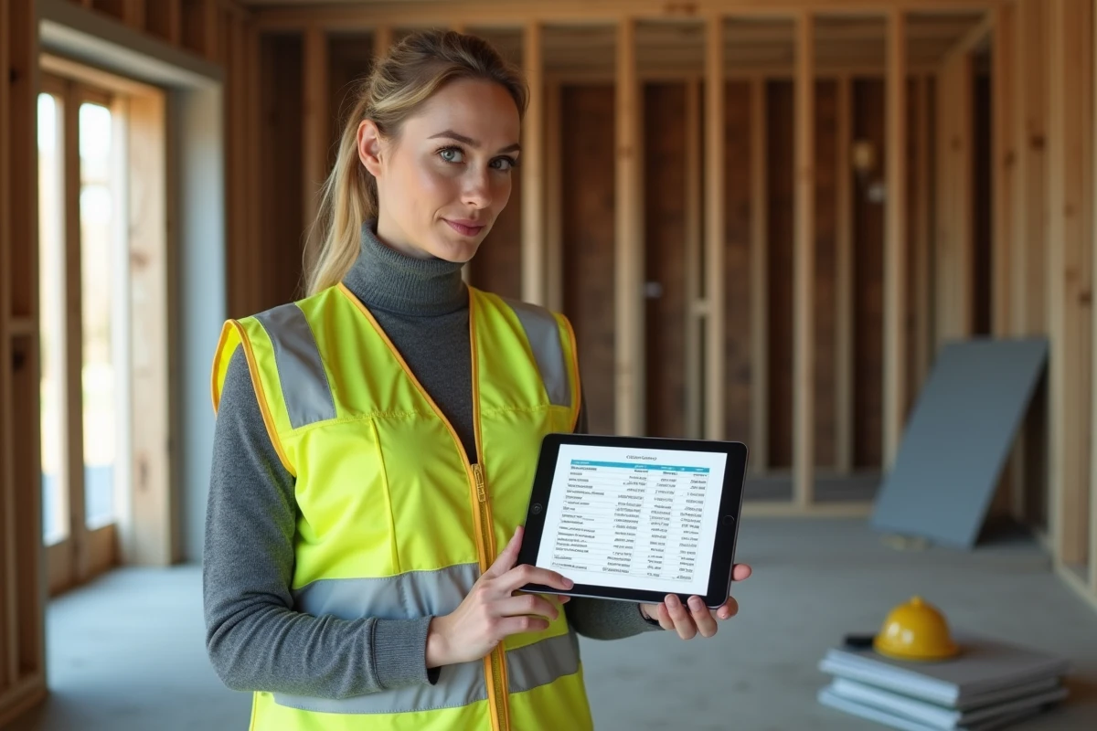 Femme conductrice de travaux consultant un devis sur tablette dans un chantier en cours