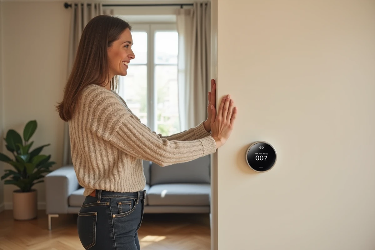 Femme réglant un thermostat connecté dans un appartement moderne chauffé par un système Saunier Duval