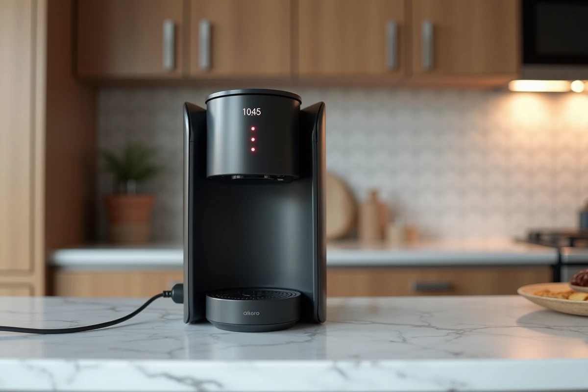 Cafetière éteinte branchée sur une prise électrique avec voyant rouge de veille allumé sur un plan de travail en marbre blanc