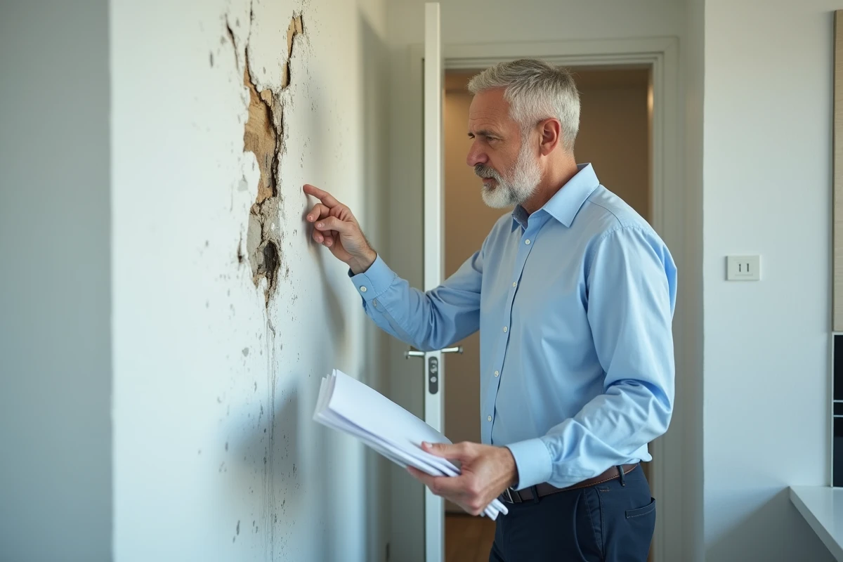 Homme examinant des dégâts des eaux sur un mur intérieur et remplissant un constat d'assurance