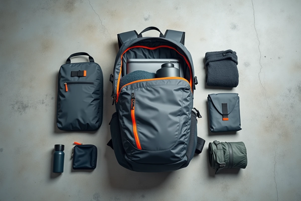Vue de dessus d'un sac de 20 litres ouvert avec son contenu pour illustrer la capacité et le volume intérieur